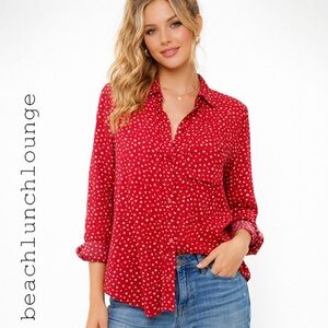 Beach Lunch Lounge Red & White Heart Print Button-Down Blouse – Size Medium